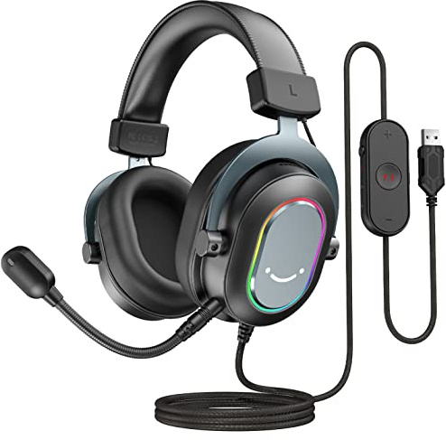 FIFINE Gaming Headset mit Mikrofon, Over Ear Kopfhörer mit Kabel, USB Headset für PC PS4 PS5, RGB Headphone mit 3 EQ-Modi, Surround Sound und Ohrpolster