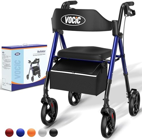 VOCIC Rollator Faltbar und Leicht mit Sit,Rollatoren Schmal für Wohnung,Rollatoren für Senioren Klappbar mit 20cm Reifen für All Gelände,Sitz und Griff Höhenverstellbar,5 Jahre Support|Saphirblau