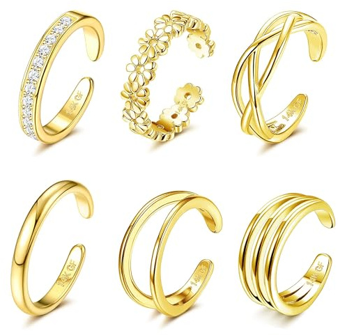 FIOROYAL 6 Stück 14K Vergoldet Gefüllte Zehenring | Verstellbare Zehenringe Set für Damen Mädchen CZ Herz Offene Zehenringe Sommer Strand Fußschmuck Blumentyp
