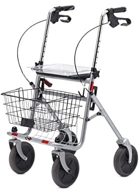 Bischoff & Bischoff SENIO Rollator für Senioren faltbar mit Sitz & Korb | faltbar, Gehwagen für Senioren, robuster Stahl-Rollator, mit Korb, Tablett & Stockhalter, bis 136 kg (silber)