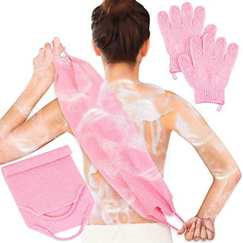 Anezus Dusch-Badehandschuhe, Rückenschrubber-Set für Körper, Gesicht, Dusche, Bad und Peeling (Rosa)