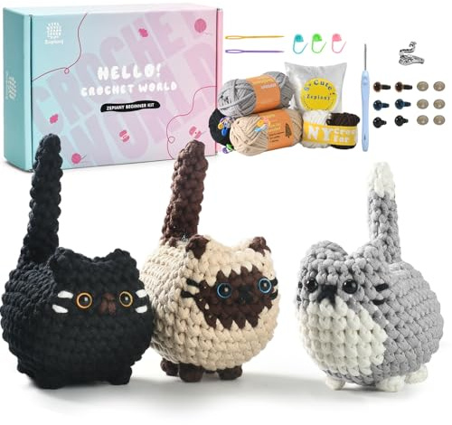 TranquilHome Heckel Set,Häkeln Für Anfänger Häkelset Tiere,Crochet Set,Häkelset Für Anfänger Tiere Schritt-Für-Schritt-Video-Erklärun,Amigurumi Anfänger-Drei Süße Gehäkelte Katzen