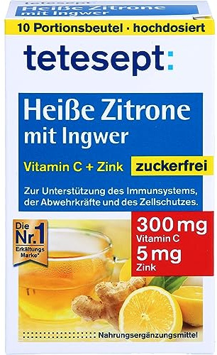 tetesept Heiße Zitrone mit Ingwer – Instant Pulver zuckerfrei mit Zink & Vitamin C - Abwehrkräfte und Immunsystem unterstützen – 1 Packung à 10 Beutel