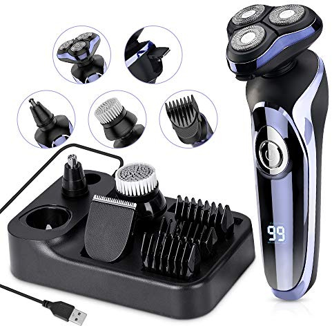 Rasierer Herren elektrisch Elektrorasierer Shaver, 5in1 Rotationsrasierer Nasenhaarschneider IPX7 Elektrischer Nass- und Trockenrasierer Haarschneider Bartschneider Bart Trimmer Set + USB Ladestation
