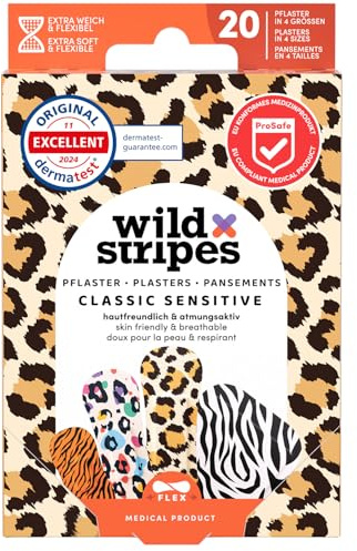 Wild Stripes Pflaster Set Sensitive Animal – Hautfreundliches Pflaster Kinder & Erwachsene mit Tiermotiv – Fingerpflaster Wasserfest – Bunte Wundpflaster Leo (20 Stk)