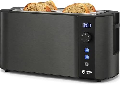 Balter Toaster 4 Scheiben, Langschlitz, Edelstahl, Brötchenaufsatz, LCD Display mit Restzeitanzeige, Auftaufunktion, Brotzentrierung, Krümelschublade, TS-04-LCD, Farbe: Grau