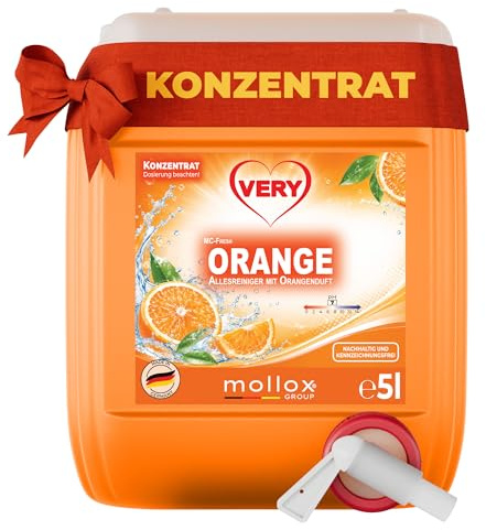 VERY® Orange, Allesreiniger mit frischem Orangenduft | 5L Kanister inkl. Auslaufhahn | biologisch abbaubar | Konzentrat | gründliche Sauberkeit und strahlender Glanz
