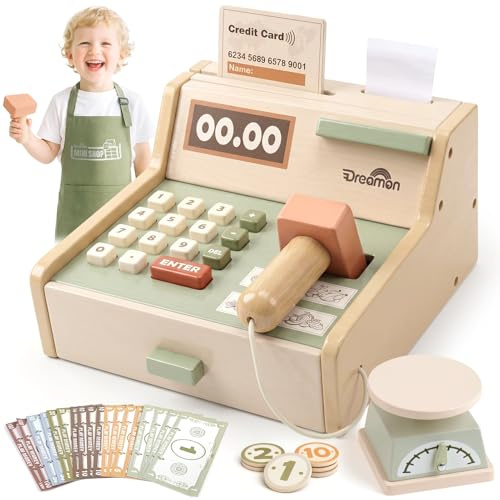 Dreamon Holz Kasse Kinder, Holz Spielkasse Kinderkasse mit Scanner Kaufladen Spielzeug mit Schürze Geschenk für Junge Mädchen 3 4 5 6 7 Jahren