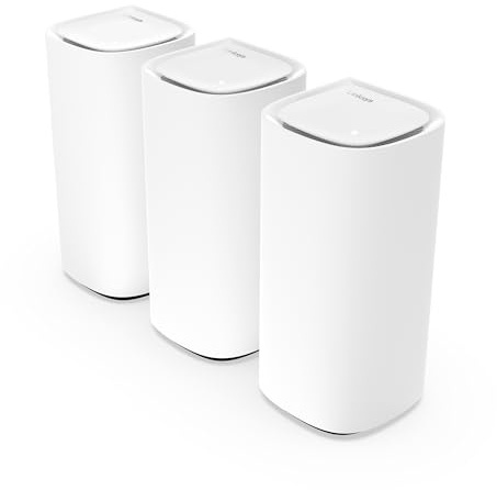 Linksys Velop Pro WiFi 6E Mesh-System MX6203-KE – Cognitive Mesh-Router mit 6-GHz-Band-Zugriff und 5,4 Gbit/s – Mesh-Abdeckung für bis zu 825 m² und 600 Geräte – 3er-Pack