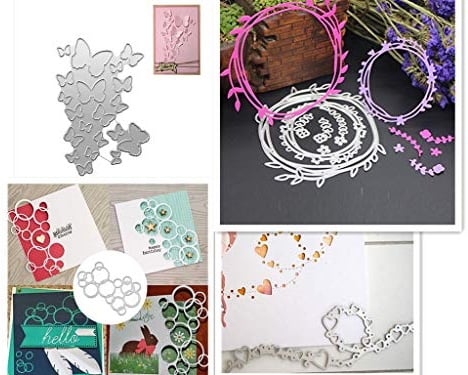 Kesote 4x Stanzschablonen Stanzformen Metall Prägeschablonen Schneiden Schablonen Stanzmaschine für DIY Papier Karten Fotoalbum (Schmetterling + Blumenkranz + Herzengirlande + Runde)