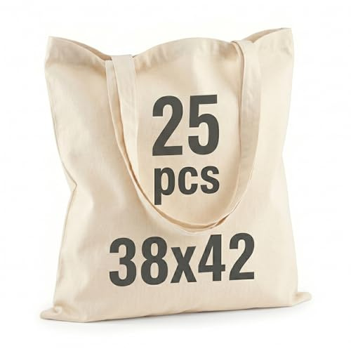 IDEA HOME 25 Stück Baumwolltasche 38x42cm- Jutebeutel Groß - Stoffbeutel Unbedruckt, Personalisierung Möglich – Bestickung oder Bemalung - Stofftasche mit zwei langen Henkeln