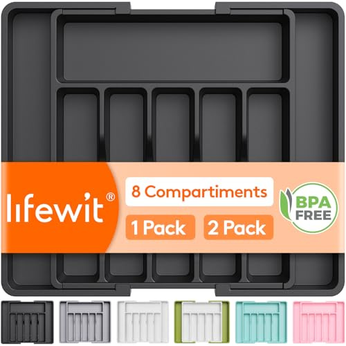Lifewit Besteckkasten für Schubladen 40 50, verstellbarer Kunststoff Organizer Küche Tiefe 38 cm, Besteckeinsatz 6-8 Fächer, erweiterbar bis 57 cm, für Löffel, Gabeln und Geschirr, Schwarz