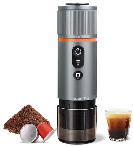 CONQUECO Kaffeemaschine Auto Espressomaschine 12v: Tragbare Akku Espresso Maker für Camping Reise - 2,5 Minuten Schnelles Erhitzen - 8 Tassen Espresso für Eine Ladung