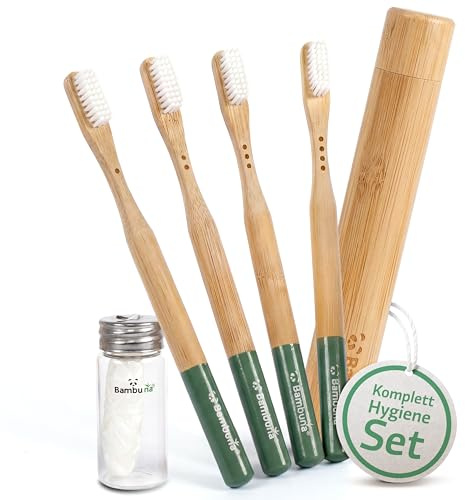 BAMBUNA 4er-Set vegane Zahnbürsten | Bambus Zahnbürsten Handzahnbürsten Set mit Etui & vegane Zahnseide | plastikfrei | Borsten aus Rizinusöl | nachhaltige Handzahnbürsten | Zahnpflege Set