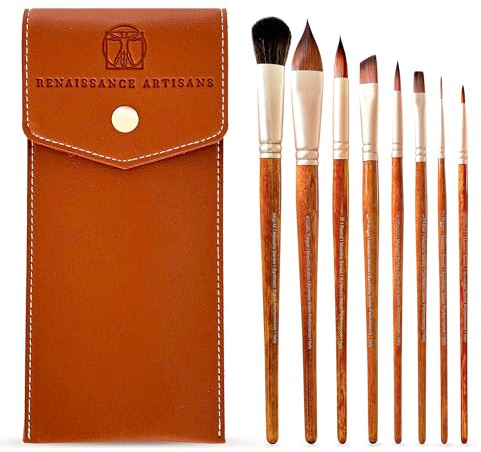 Renaissance Artisans Maestro Aquarell-Pinsel-Set, 8 professionelle Zobel-Aquarellpinsel mit Etui, Mop, Katzenzunge, eckig, Filbert, Rigger und rund, Kolinsky-Stil, synthetisch für Gouache