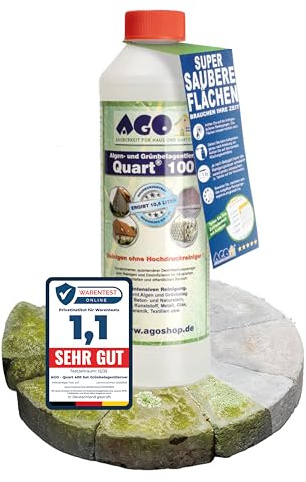 AGO Quart 100 Grünbelagentferner 500 ml - chlor- und säurefrei / 100 qm Algen und Grünbelag Entferner/Steinreiniger/Terrassenreiniger/Grünspan Entferner/Naturstein Reiniger