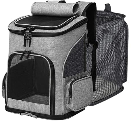 Haustier Rucksack Hunderucksack bis 10kg Katzenrucksack Faltbar und Erweiterbar Katzentransportbox Katzentransporttasche Hundebox mit 2 Matten für Katzen und Kleine Hunde Grau