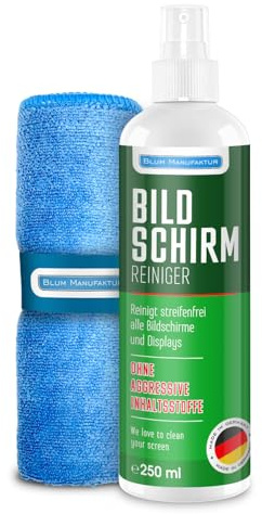 Blum Manufaktur 250ml Bildschirmreiniger + 30x30 cm Mikrofasertuch - Screen Cleaner - Display Reiniger - Absolut streifenfreie Reinigung von Handy, Laptop, PC, TV