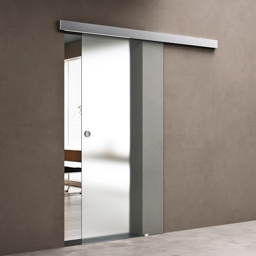 doporro Glasschiebetür Komplettset 90 x 205 cm | 15mm Wandabstand | Schiebetür mit ESG-Sicherheitsglas | Zimmertür Glas Satiniert mit Muschelgriff | Amalfi-plus 12