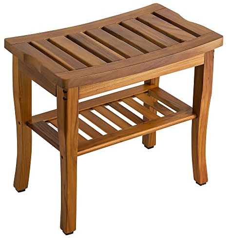 VaeFae Teak-Duschbank Teakholz Bad Sitzbank Ablage Badhocker Hocker aus Teakholz langlebig, leicht und rutschfest, für Zuhause, Badezimmer Hocker Holzbank des Badezimmers Duschhocker