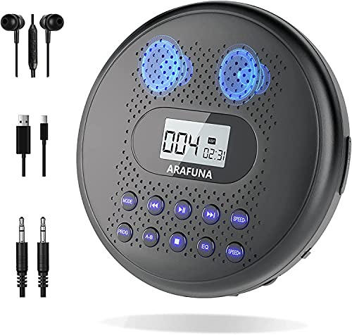 CD Player Tragbar, Arafuna Tragbarer CD Player mit Lautsprecher, Wiederaufladbarer CD-Spieler für Auto mit Anti-Skip-Schutz, Discman mit Kopfhörern und AUX-Kabel