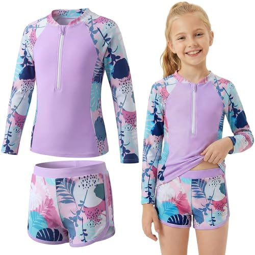 Baogaier Mädchen Rashguard Set Zweiteiliger Langarm Badeanzug 5-12 Jahre | mit abnehmbaren Polstern, 1/2-Zip Blumenmuster Schwimmtop & Badeshorts 2-teiliges, Schwimmanzug, Bademode für Strand Urlaub