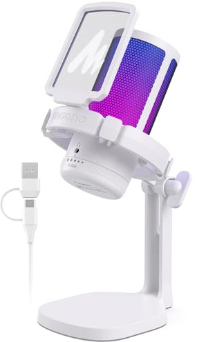 MAONO USB Gaming Mikrofon, Noise Cancellation Kondensator Microphone mit Mute, Gain, Monitoring, Pop-Filter für Streaming, Podcast, Twitch, YouTube, Discord, PC, Computer, PS4&5, Mac, DGM20，Weiß