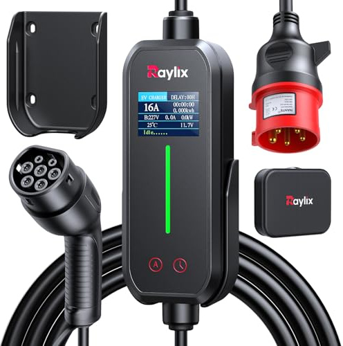 Raylix 2026 Neu 11kW Mobile Wallbox Typ 2 Ladekabel (5m 6A-16A 3-Phasig) mit Stromzähler & Einstellbarem Strom & Verzögertem Laden, Ladekabel CEE 16A auf Typ 2 und Ladestation Ladeziegel EV Charger