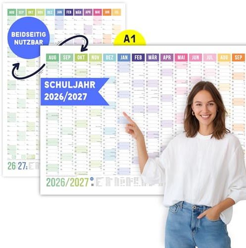 heaven+paper Schuljahresplaner 2026/2027 | Schuljahreskalender 26/27 A1 | Wandkalender 2026 2027 aus FSC Naturpapier | Jahresplaner | Made in Germany (Rainbow, A1)