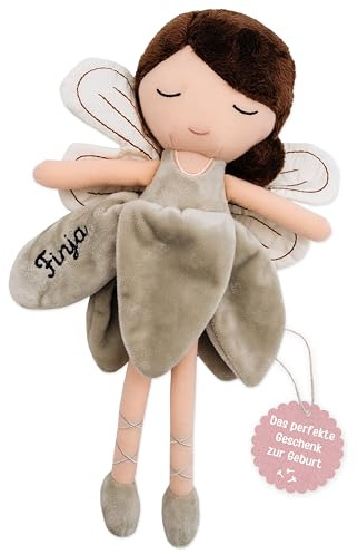 wunderwunsch Stoffpuppe Mädchen ab 1 Jahr, personalisierte Fee, braun | Geschenk zur Geburt und Taufe für Baby, Schutzengel Kuscheltier personalisiert, weiche Puppe als Geburtsgeschenk Kinder