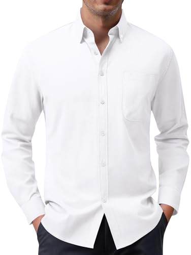 siliteelon Hemd Herren Langarm Weißes Oxford Hemden Herren Bügelfrei Weiss Baumwolle Anzug Business Herrenhemd Weiß Regular Fit Oberhemd für Hochzeit Office Date Interview,L