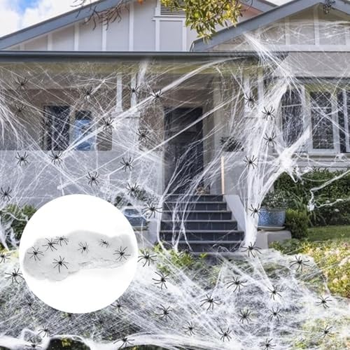Halloween Deko Spinnennetz 200g mit 60 Spinnen für Innen und Außen Deko | ideal für Kamin, Spukhaus, Fenster, Tür und gruselige Partydekoration, Gruselige Innen und Außen Party Spukhaus