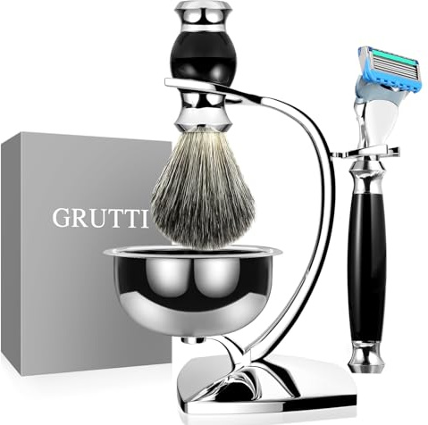 GRUTTI Premium 4-in-1 Nassrasier-Set für Herren–Magnetische Edelstahlschale | Verchromter Metall‑Rasierständer, Edelstahl Rasierseifenschale, synthetischer Rasierpinsel & Handrasierer für Männer
