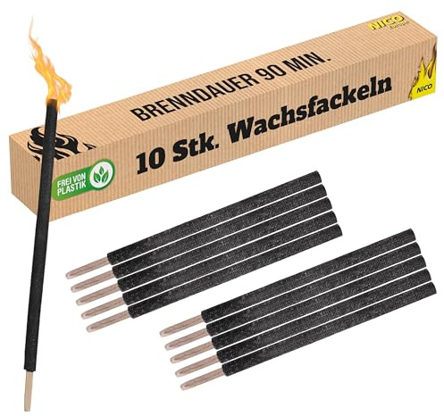 Nico Feuerwerk® 10 Stück Wachsfackeln, Brenndauer 90 Min. I hochwertige Fackeln aus Wachs mit Handschutz für Erwachsene & Kinder I Garten-Fackel für Outdoor Party, Event, Nacht-Wanderung