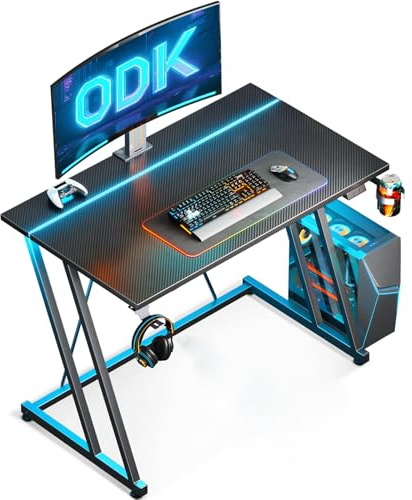 ODK 80 × 50 cm Gaming Tisch mit LED, Gaming Schreibtisch mit Becherhalter und Kopfhörerhaken, Doppel-Z-Rahmen-Design Kleiner Computertisch, Carbon Fiber Schwarz
