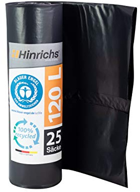 Hinrichs Müllsäcke 120L extra Stark - 25er Rolle - 70x110 cm - Extrem reißfeste Müllbeutel - Mülltüten aus Recycling LDPE - Schwarze Säcke - Abfallsäcke für Garten, Haushalt & Baustelle