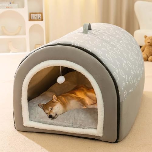2-in-1-Hundehütte, großes Bett mit Anti-Angstzuständen, weiches, warmes Kissen, faltbar, beruhigend, rutschfest, warm, Iglu-Bett für Hunde und Katzen, abnehmbar, waschbar