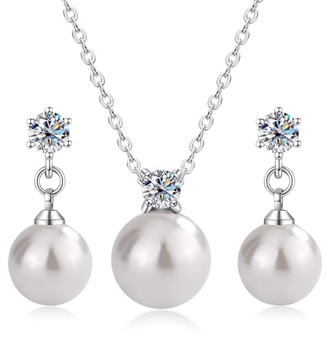 Schmuck Set 3Tlg, Silberkette für Frauen und Ohrringe Silber 925 Herzanhänger-Set Perlenschmuck Silberschmuckset für Damen