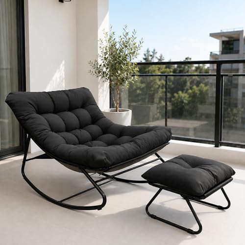 FUOIDYE Schaukelstuhl Schaukelsessel, Schaukelstuhl mit Hocker, Outdoor Lesesessel mit Gepolsterter, Extra Groß Wohnzimmer Relaxstuhl, Belastbarkeit bis 150kg, für Garten Balkon Terrasse (Schwarz)