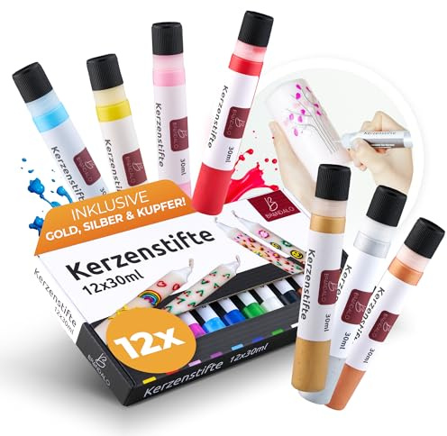 Brandalo® Kerzenstifte Set 12x30ml, Kerzen bemalen & verzieren, Wachsstifte | Kerzenmalstifte für Taufkerze & Hochzeitskerze selber machen – Candle Pen, Stifte zum Kerzen anmalen, gestalten & dekorieren
