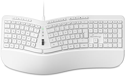 MediaRange kabelgebundene ergonomische Multimedia Tastatur mit Bildlauf-Rad, QWERTZ (DE/at) T1, Vollformat mit Ziffernblock, Funktions- & Schnelltasten, 1.8m Kabel, Weiß