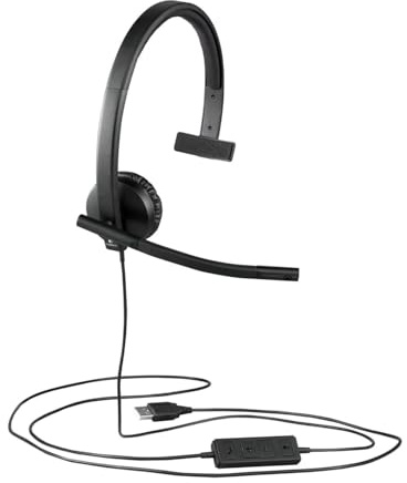 Logitech Business H570e Kopfhörer mit Mikrofon, Mono-Headset, Rauschunterdrückung, Lautstärkeregelung und Stummschaltung mit LED-Anzeige am Kabel, Ohrpolster aus Kunstleder, USB-Anschluss, PC/Mac/Laptop, 981-000571, Schwarz