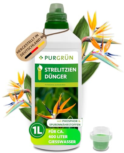 Purgrün® Strelitzien-Dünger 1 Liter – Für prächtige Blüten & gesundes Wachstum – Schnelle Wirkung – Premium-Flüssigdünger mit Spurennährstoffen – Blumendünger für 400 Liter Gießwasser