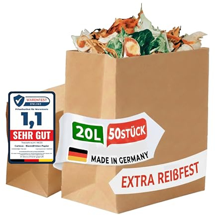 Cartevo Premium Biomüllbeutel 20L - 50 Stück Bio müllbeutel Extra reißfest &Nassfest Biomülltüten Papier für Küche Biomülleimer & Biotonne | Papiertüten plastikfrei, umweltfreundlich & kompostierbar