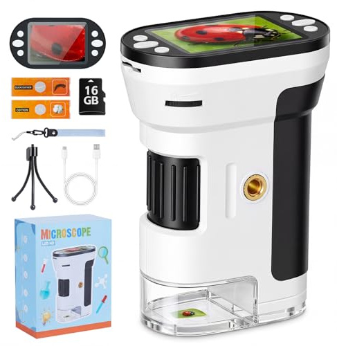 Digitales Mikroskop für Kinder mit 16GB Speicherkarte, 1000X Kinder Mikroskop mit 1080P HD 2,0 IPS‑Bildschirm, LED-Licht & USB, Kindermikroskop zum Lernen, Entdecken & Naturbeobachten, ab 6 Jahre