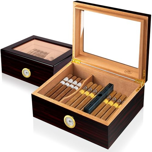 Slege Zigarren Humidore, Humidor-Zigarren, Spanische Zeder Hölzerne Zigarrenbox,mit Humidor Befeuchter,Hygrometer,Teiler,Männer Geschenk Zigarren Zubehör(30-50 Zigarren)