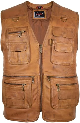 MDM Herren Lederweste, Freizeitweste, Jagdweste, Anglerweste aus weichem Lamm Nappa Leder