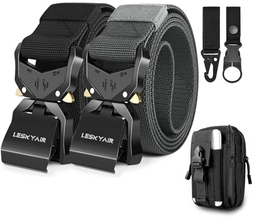 Leskyair 2er Herren Taktischer Gürtel 1,5-Zoll-Hochleistungsgürtel, Nylon Schnellverschluss-Metallschnalle, Geschenk mit taktischem Molle-Beutel und Haken (Schwarz + Grau)