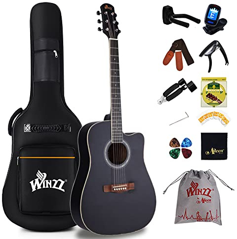 Winzz 4/4 Akustik Gitarre Anfänger Erwachsene Volle Größe Westerngitarre Set 41 Zoll Schwarz Akustikgitarre Kits