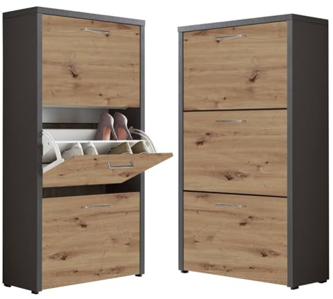 BMG Möbel Schuhkipper »Siena« (Schuhschrank Schuhregal Schrank Garderobe, 3 Klappen), Metallgriffe, 18 Paar Schuhe (Anthrazit/Artisan Eiche)
